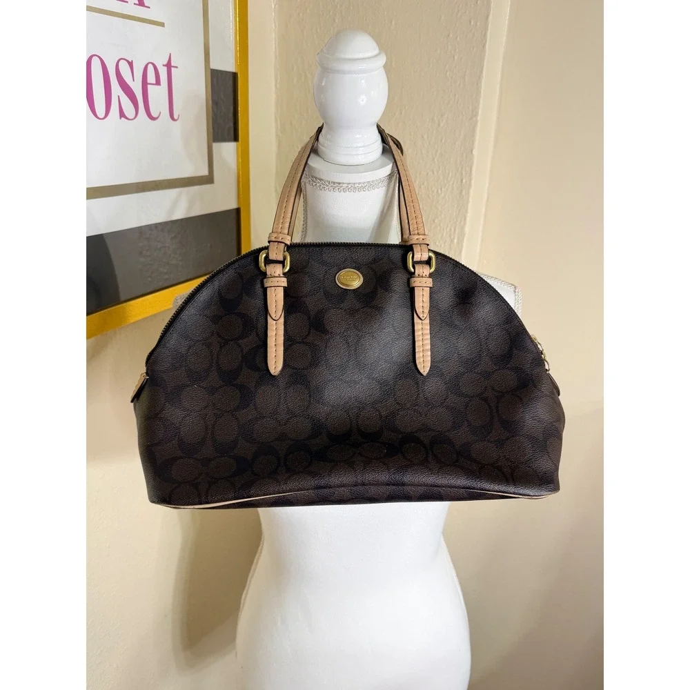 Coach Signature Cora Domed Satchel Brown Tan Monogram Handbag F26184